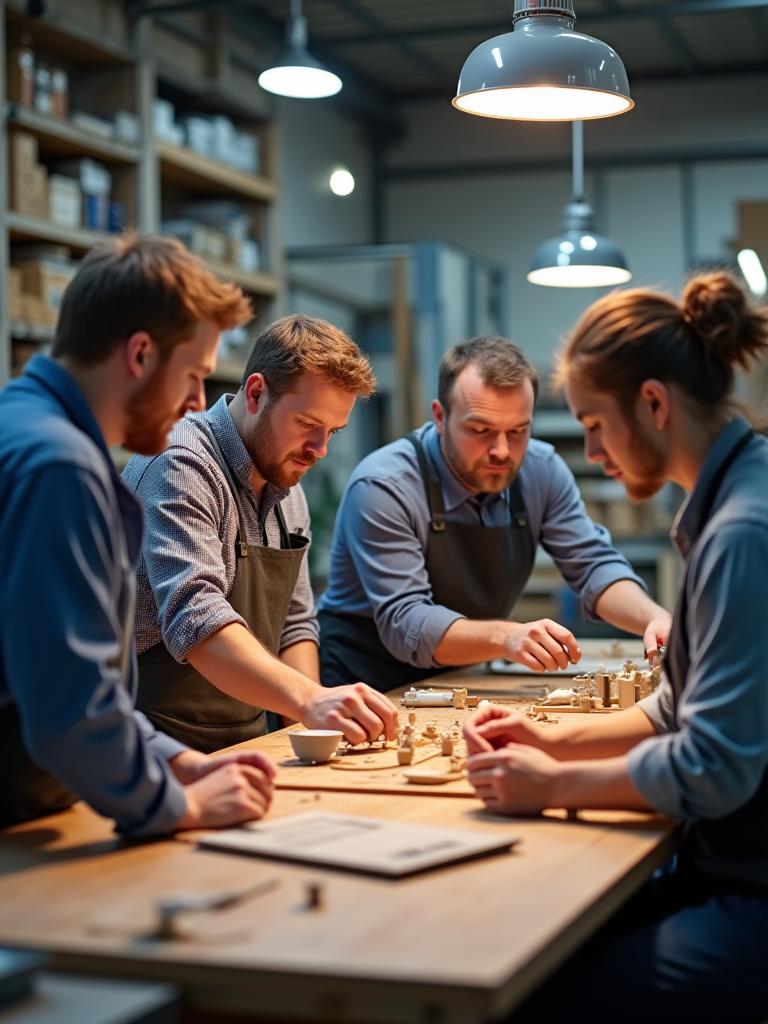 Equipo de artesanos e ingenieros trabajando en taller de innovación